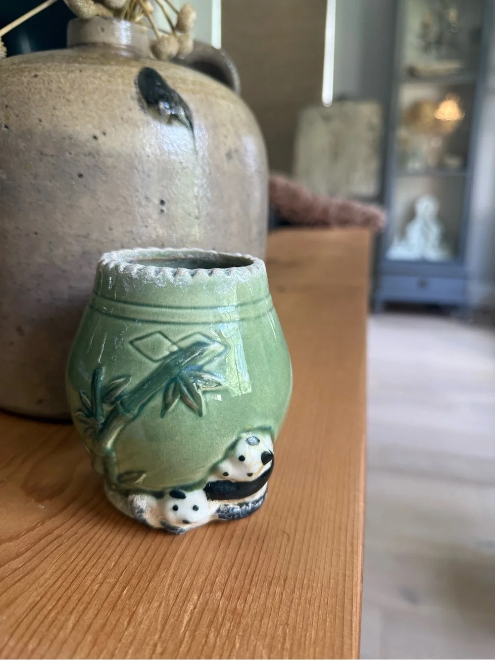 Vintage Green Ceramic Panda Bamboo Planter Vase Home Decor - Picture 3 of 10